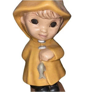 Vintage 1977 Hand-Painted Ceramic Boy In Yellow Raincoat And Hat Fishing, 8.75" - Picture 1 of 9