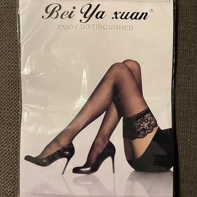 Bei Ya Xuan Red Lace Thigh High Stockings Silicon Lace Top Stay Up Silky M-XXL - Imagem 1 de 4