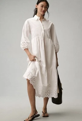 Anthropologie Maeve Bettina Tiered Shirt Dress Sz XS Eyelet Old Money Classic - Image 1 of 4
