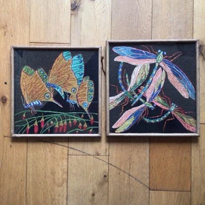 Old Antique George Hughes Framed Embroideries Of Butterflies & Dragonflies - Picture 1 of 19