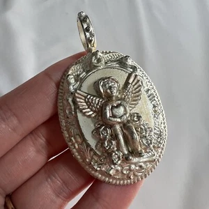 Neiman Marcus Designer Rebecca Collins Chunky Silver Tone Angel Oval Pendant - Picture 1 of 14