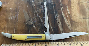 vintage Kabar stainless fishing knife two blade yellow handle Nice Example