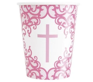 Elegante Cruz Rosa 8 Ct 9 Oz Copas Frías Calientes Iglesia Confirmación Bautismo - Imagen 1 de 1