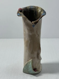 Vintage Handmade Ceramic Pottery Ladybug Leaves Unique Flower 7.75” Vase  - Picture 1 of 14