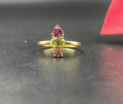 Natural Cut Pink & Green Tourmaline Gold Plating Ring, 925 Sterling Silver  Ring - Image 1 of 4