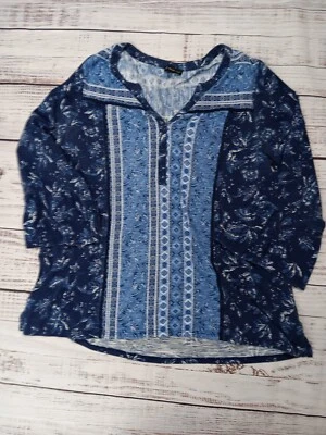 New Directions Blouse Women's Medium Blue Floral 3/4 Sleeve V-Neck Bell Sleeve Foto 1 de 4