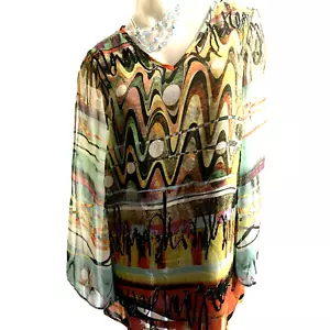 Women’s Dusak Designs Black And Aqua Blue Long Sleeve Lined Top Size Medium 8 10 - Picture 1 of 12