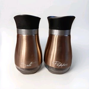 Vintage Stainless Steel Copper Salt & Pepper Shakers Set w/Glass Bottom - Picture 1 of 3