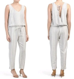 Cloth And Stone Linen Blend Striped Jumpsuit Open Back Gray White - Size S - Picture 1 of 4