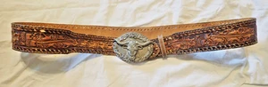 Vintage MAX named Tooled Embossed Leather WESTERN Belt 36-40 LONGHORN Buckle USA - Picture 1 of 10