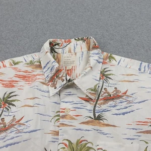 J.Crew Mens L Hawaiian Shirt Palm Tree Canoe Print Short Sleeve Button Up AOP - Picture 1 of 5