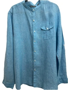 Michael Bastian Men's 100% Linen Button Down Band Collar Shirt Blue Size XXl - Picture 1 of 14