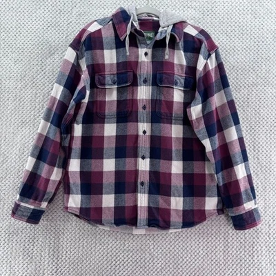 American Eagle Jacket Men M Gray Red Plaid Flannel Detachable Hoodie Pockets - Image 1 of 4