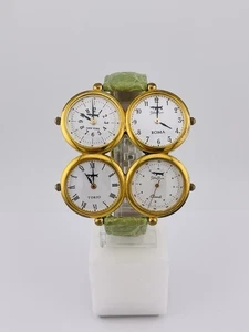 Blue Ron Multi-Time Zone Watch 4 Independent Dials Quartz Movement Green Leather - Picture 1 of 12