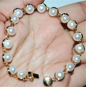 10K Solid Yellow Gold Tennis Bracelet White Pearl Gemstones Tennis Bracelet 9Grm - Picture 1 of 12
