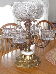 Hollywood Regency Stil Messing Kristall Marmor 5 Armige Schale Herzstück Epergne - Bild 1 von 13