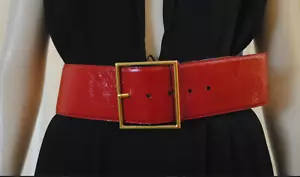 Vintage Yves Saint Laurent wide red leather belt with gold square buckle. Patent - Picture 1 of 6