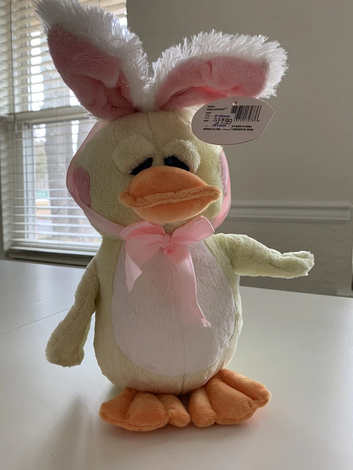 Ganz Yellow Duck Waddlehopper pink white bunny ears HE9634 Rare HTF Foto 1 de 3