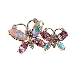 Collectible Aurora Borealis & Purple Crystal Rhinestone Double Butterfly Pin  - Picture 1 of 2