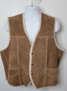 Vintage braune Wildleder Echtleder Weste Fleece Sherpa gefüttert Westernpasse Herren 48 - Bild 1 von 11