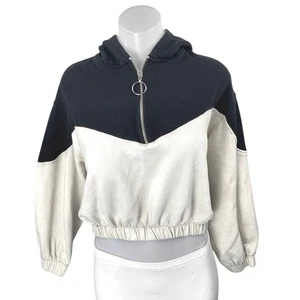 Zara Damen Schwarz Weiß Colorblock Hoodie Kapuze Cropped Sweatshirt Oberteil Gr. S - Bild 1 von 4