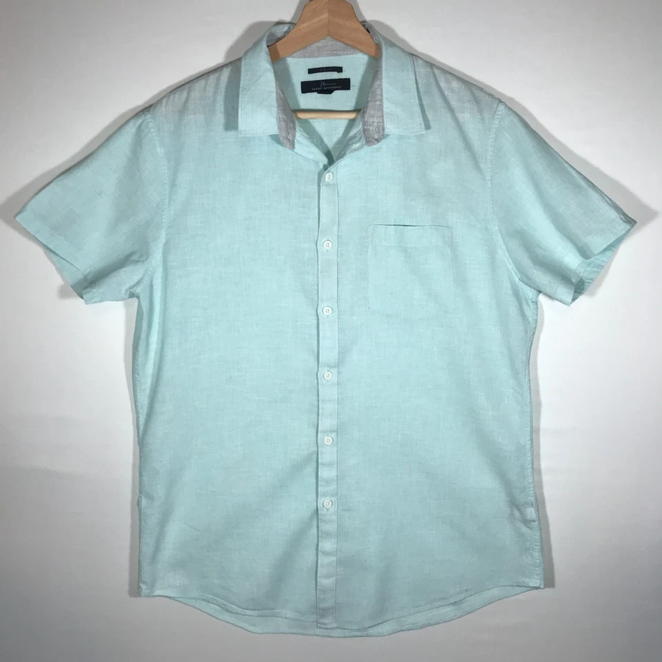 Camisa de manga corta con botones Marc Anthony para hombre calce ajustado mediana mezcla de lino aguamarina Foto 1 de 4
