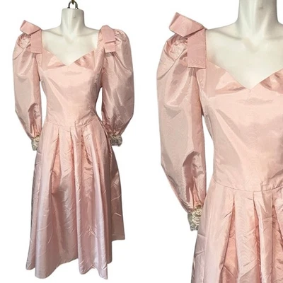 Vtg 90s Handmade Pastel Pink Puff Sleeve Fairycore Prom Party Dress Taffeta M - Image 1 of 4