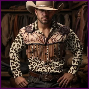 Camicia uomo stampa leopardo floreale stile retrò camicia western outdoor street casual - Foto 1 di 32
