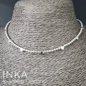 Inka 925 Sterling Silver Bead Handcrafted Heart Bead Choker Necklace  - Picture 1 of 2