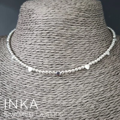 Inka 925 Sterling Silver Bead Handcrafted Heart Bead Choker Necklace  - Image 1 of 2
