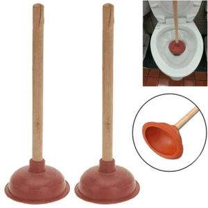 2 Pk Rubber Toilet Plunger Wood Handle Clears Drain Plumbing Bathroom Heavy Duty - Picture 1 of 1