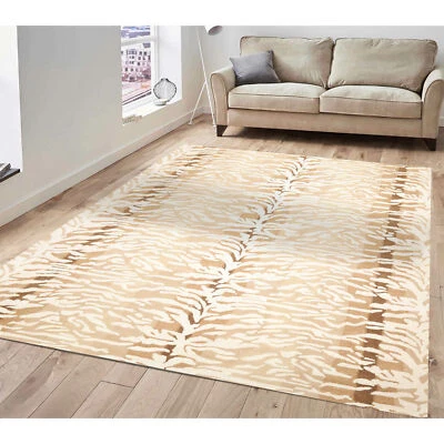 Multi Sizes Handmade 100% Wool Animal Print Tiger Modern Area Rug Ivory Brown - Image 1 of 4