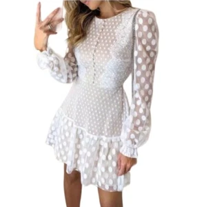White lace mini dress polkadot Sz 10 embroided Long Sleeve party cocktail tiered - Picture 1 of 4