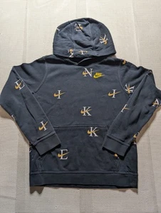 Nike Sportswear Club Hoodie Youth Large Black Gold All Over Print Swoosh Logo - Picture 1 of 6