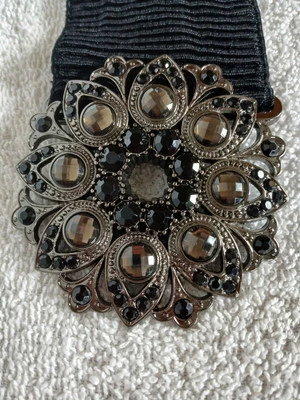 Chico’s Medallion Metal Gemstone SZ LARGE Buckle Elastic Black Stretch Belt  - Image 1 of 3