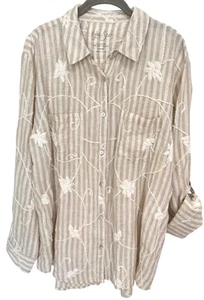 Athleta X Kyla Seo Sz L Rochelle Linen Embroidered Tan Stripe Tunic Button Up - Picture 1 of 8