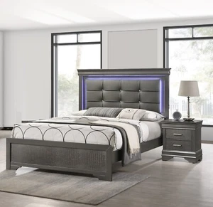 3pc Modern LED Light Full Panel Upholstered Bed 2x Nightstand Bedroom Set Gray - Picture 1 of 7