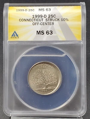 1999 D 25c CONNECTICUT Quarter ANACS MS63 STRUCK 10% OFF CENTER  - Image 1 of 4