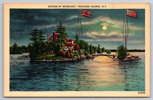 Zavikon Moonlight Thousands Islands NY New York Boat American Flag Postcard B6 - Picture 1 of 2