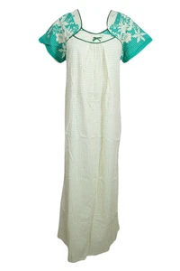 Women Maxi Dress Cotton Nightgown Green Dot Print Nightwear Sleepwear Kaftan L