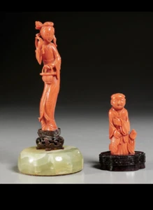 Lot of 2 Antique Chinese Coral Carved Lady And Kid Statues Qing Dynasty - Picture 1 of 5
