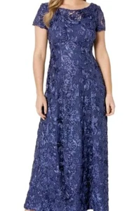 Alex Evenings Women's Long Rosette Lace Cap Sleeve Gown 6 Violet - Picture 1 of 10