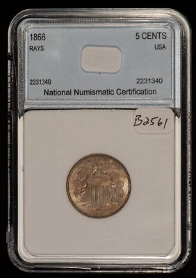 Escudo de rayos de níquel 1866 5c error como nuevo golpe débil dramático - losa - B2561 Foto 1 de 4