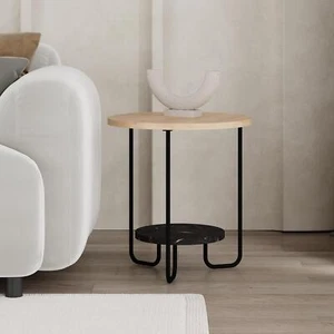 FWStyle 2 Tier Side Table Metal Frame Scratch Resistant Oak & Black Marble - Picture 1 of 5