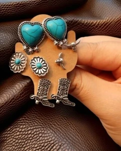 Western Style Turquoise Jewelry 4 Pair Stainless Steel Stud Post Earrings Lot - Picture 1 of 4