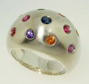 .925 Sterling Silver Multi Color Natural Sapphire Ring sz 6.5 Very fine quality - Picture 1 of 11