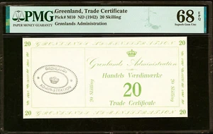 Groenlandia, certificato commerciale 20 abilità 1942 Pick-M10 SUPERBA GEMMA UNC PMG 68 EPQ - Foto 1 di 2
