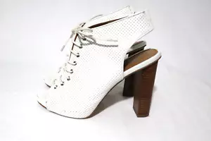 Wittner Size 7 Womens Leather White Peep Toe Lace Up Mini Platform Block - Picture 1 of 6