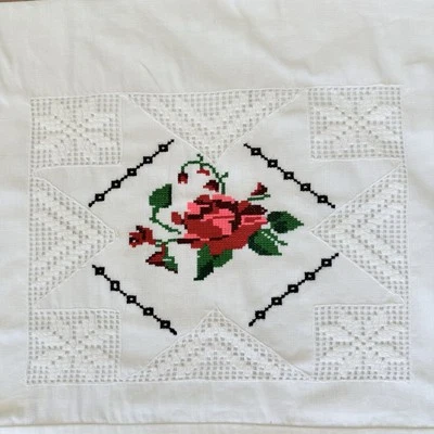 Vintage Mexican Embroidered Linen Pillow Cases Covers- Floral Red Rose - Image 1 of 4