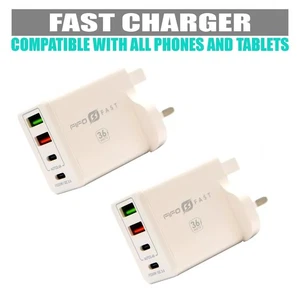2x FIFO 36W 4 puertos USB cargador enchufe doble tipo C PD QC 3.0 adaptador de pared rápido Reino Unido🔌 - Imagen 1 de 21